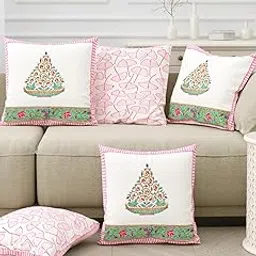 BLOCKS OF INDIA Hand Block Printed Cotton,300 TC Cushion Cover (16 X 16 Inches) (Cushion_7), Pink-picture-22