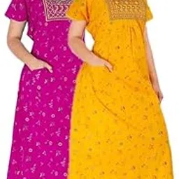 pitinan Women's Cotton Jaipuri Nighty Gown – Pack of 2 Rajasthani Print Night Dresses | Maxi Sleepwear with Pocket | Soft Embroidered Loungewear for Ladies-picture-51