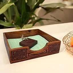 WOOD ART STORE Metal Flat Paper Napkin Holder for Dining Table, Napkin Stand with Weighted Flap, Tissue Paper Holder for Home, Office and Resturant (Brown Wood) image 1