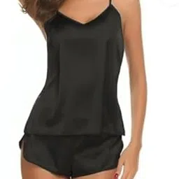 Women's Satin Pajama Set, Cami Top with Shorts, V-Neck Sleepwear-picture-15
