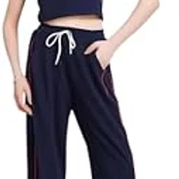 Selecting Fashion Women's Cotton Blend Tracksuit Set Short Sleeve Crop Top with Pants | Navy Blue with Red Stripes | Regular Fit-image-0
