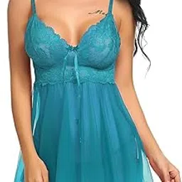 n shap lingerie's Women's Blue Net Solid Midi Babydoll Dress-picture-29