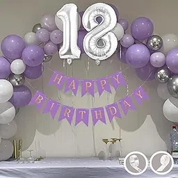 Flyloons 18th Birthday Decoration Items Purple and White Theme Combination for Boys Girls | 30 Pcs Purple White Silver Color Balloons | Purple Happy Birthday Banner | Arch Tape | Glue Dots-picture-18