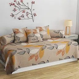 SHOMES Pure Soft Glace Cotton Floral Printed Diwan Set Covers 6 Pieces - 1 Single Bed Sheet (60 X 90) with 3 Cushion (16 X 16), 2 Bolster Covers (16 X 32) - Brown Leaf-picture-34