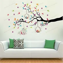 Decorative Tree Branch Wall Decal with Birds, Birdcages and Flowers, Colourful Nature Wall Sticker for Living Room-image-42
