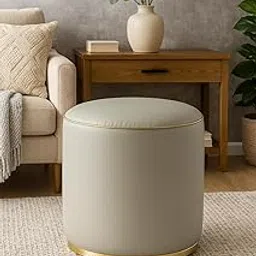 Modern Round Ottoman Stool 5 Year Warranty, Light Gray with Gold Trim, Upholstered, 17x19 Inch, Sitting and Decorative Footstool for Living Room-picture-13