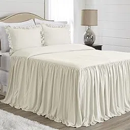 Ivory Boho Shabby Chic Bohemian Elegant Bedspread Cover and Sham 3 pc King Size Bed Bedding Set Bedroom Coverlet With Extra Long Skirt Beige Neutral Vintage Victorian Farmhouse French Country Lush-picture-14
