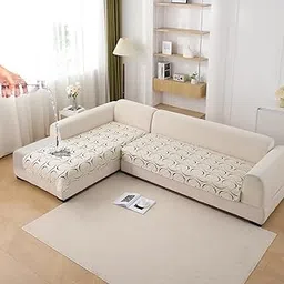 HOKIPO Printed Water Repellent + Waterproof Quick Dry L Shape (3+2 Seater) Sofa Seat Cover Mat, Natural Beige Abstract Art (AR-5249-C4 + AR-5246-C4)-image-2
