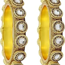 Gold Plated Metal with Golden Zircon Stones & Beads Work Designer Rajwadi Bangles Kada Set For Women & Girls | Glass Kada Kangan | Bangles For Wedding, Party, Occasion-Set of 2-image-17