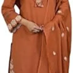 Cotton Salwar Suit Set, Round Neck, 3/4 Sleeve, Ankle Length, Orange with Embroidery, Casual (IN, Mustard)-image-2