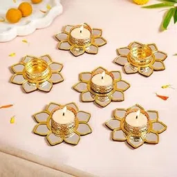 Sanvatsar Decorative Gold Lotus Flower Tealight Candle Holders, Mirror Glass with Metal Frame, Elegant Design for Home Decor (6)-image-14