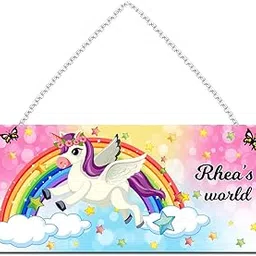 FurnishFantasy Rainbow Unicorn Customised Gift for Kids on Birthday | Return Gift | Kids Room Decor | Door Sign | Name Plate with Hanging Chain - Size: 11.5 x 5 inch -, Name - Rhea-picture-26