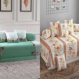 IVAZA Premium Floral Printed Ezyption Cotton 6 Piece diwan Set Combo -(2 diwan bedsheet, 10 Cushion Covers, 4 Bolster Covers, Yellow & Beige-image-95