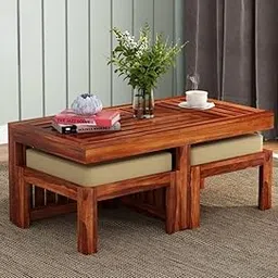 MR Arts Sheesham Wood Coffee Table with 2 Storage Stools – Solid Wood Center Table for Living Room – Handcrafted Wooden Tea Table with Natural Finish – Multipurpose Furniture-image-22