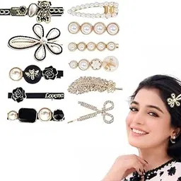 kapimo 11 Pcs Hair Clips for Women Girls Metal Hair Pin Stylish Korean Pearl Rhinestone Hair Accessories Barette Hairclips (White Black)-picture-54