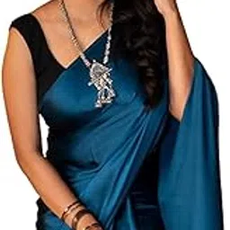 sataz Women's Ready to Wear Plain Blue Satin Silk 1 Minute Pre Pleated Saree with Black Unstiched Blouse-picture-38