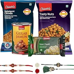 Chheda's Bhaiya Bhabhi Rakhi with Roli & Chawal - Raksha Bandhan Gift Combo - Gulabjamun, Elaichi Soan Papdi, Tasty Nuts, Mahalaxmi Chivda - Sweets & Namkeen Gift Hamper - Rakhi for Brother-image-1