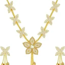 Gold Floral Star Mesh Necklace with Earrings | Bridal Wedding Party Festival Traditional Indian Ethnic Jewellery | Designer Necklace Earrings Set with Crystal Stones & Hanging Drops-picture-31