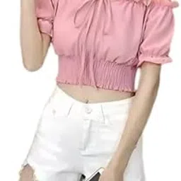 Womens' Baby Pink Crepe Solid Offshoulder Crop Top-picture-37