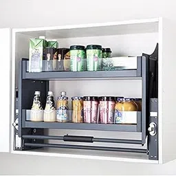 DBR Modular Kitchen Storage Rack Lift Basket Elevator Glass Finished Pull Down Two Tier Shelf Unit for Cabinet Width 60 CM (Dark Gray) image 1
