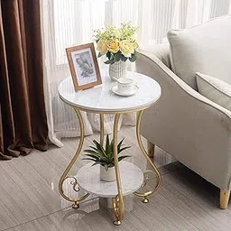 TRUST ROX Iron and Wooden Top Metal Nesting Coffee Table Round Contemporary Reception Table Sofa Couch Table Marble Look Metal Table Frame for Bedroom and Living Room (White Gold)-image-79