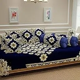 FRESH FROM LOOM 500 Tc Premium Chenille Velvet Fabric Diwan Set - 8pc Set;Size Single Bed, Blue Color-picture-17