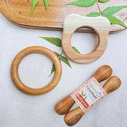 Babycov Neem Wood Baby Teether & Rattle Combo Set | Natural Wooden Teething Toys for Infants (0-12 Months) | Eco-Friendly, Non-Toxic | Ideal Gift for Newborns & Baby Showers | Handmade in India" (Bear + Stick + Ring---)-image-2