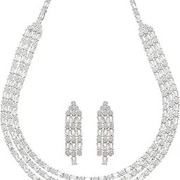 zeneme Rhodium-Plated American Diamond Studded Layered Necklace With Earrings Jewellery Set For Girls and Women-picture-17