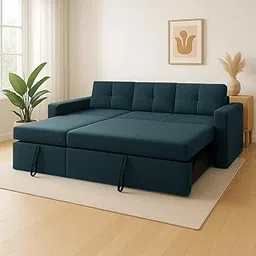 FURNY Soria 4 Seater Fabric LHS L Shape Sofa Set - Pull-Out Premium L Shape Fabric Sofa Cum Bed Set for Living Room (Teal) image 1
