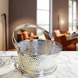 PITAL NAGRI ECRAFT Puja tokri Stainless Steel Traditional Pooja Basket Flower Basket Fruit Basket Made of Steel Material with Handle for mandir Round Shape Pooja Dalia om Symbol (Small)-image-37