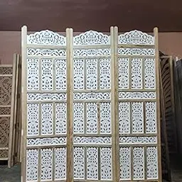 Home & Goods International Wooden Room Divider Partition Traditional Foldable – Stylish Privacy Screen for Home & Office Decor, Studio, Salon - Kangra Badrun, Natural & White (3 Panel with Stand)-picture-15