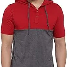 kalt Men Half Sleeves Dual Colour Cotton Blend Hoodie(Dark Grey::Red)-picture-39