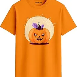 amazon brand - anarva Unisex Halloween T-Shirt | Pumpkin Face Graphic Print Cotton Tee | Regular Casual Halloween Outfit for Men & Women-picture-27