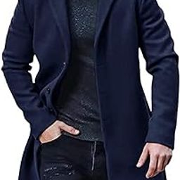 chroes Men's Trench Coat Slim Fit Notch Lapel Single Breasted Top Coat Winter Warm Cotton Business Long Jacket Overcoat | Navy Blue | XL-picture-22