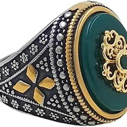 saizen Turkish Handmade Silver Men Ring, Ottoman Mens Ring, Green Agate Stone for boys-picture-17