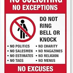 AOOCY No Soliciting Sign for House Door Office Business Yard - 2 Pack - No Excuses, No Exceptions Do Not Ring Bell No Knock Sign - 7" x 9.8" Metal Aluminum, Pre-Drilled Holes, Weather Resistant-picture-12
