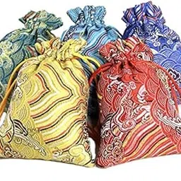 mizorri Pack of 5 Pcs/Set Silk Brocade Embroidered Jewelry Pouch Double Layer Drawstring Coin Purse Gift Bag-picture-26