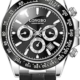 longbo Men's Watches Fashion Chronograph Luxury Dress Waterproof Quartz Wristwatches for Resin Band | Birthday Anniversary Gift for Men (Gold Case and Black Band) (Silver)-picture-52