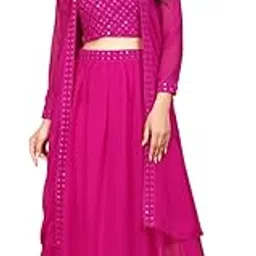 Women's Gorgette Regular Fit Full Length Embroided Dress Set | Sleevless Blouse Skirt and Shrug Dress Set with Elegant Design for Wedding, Parties, Traditional, Festivals, Family Functions-picture-13