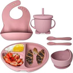 KRLZ Baby Weaning Set - 6 Pcs Silicone Baby Feeding Set with Adjustable Bib, Suction Bowl & Plate, Cup, Fork & Spoon - Microwave & Dishwasher Safe - Self Eating Utensil Set - Pink-picture-10