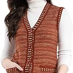 monte carlo Women Regular Fit V Neck Striped Button Closure Sleeveless Cardigan | Warm Winter wear | Cozy Knitted Sweater | Casual Layering Outfit | Winter Cardigan for Women's-picture-11