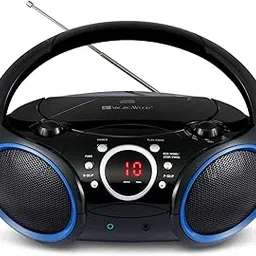 SINGING WOOD Portable CD Player AM FM Radio with Aux Line in, Headphone Jack, Foldable Carrying Handle (Black with a Touch of Blue Rims)-picture-32