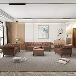 WESTERN WOOD ART Traditional Greatest 3+2+1=6 Seater Sofa Set for Fashionable Luxury Couch and Living Room Classic Tufted Chesterfield Sofa Tufted Back for Dining Room and Hallway. (Brownn)-picture-34