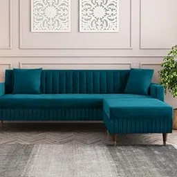 AMATA Omega Solid Wood 4 Seater L Shape Ocean bluesuede Velvet Fabric Sofa Set with Two Cushions Perfect for Home Office Guests Living Room (Ocean Blue 04, Omega L Shape 4 Seater)(3 Years Warranty)-image-11