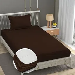 NEW LEAF Premium Cotton Elastic Fitted Bedsheets with 1 Pillow Covers |Solid or Plain Single Bed Elastic 220 TC Supersoft Breathable & Wrinklefree | for 72x36+6 Inches, Brown-image-3