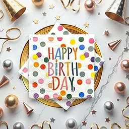 Nice Touch Happy Birthday Party Napkins, 3-Ply Printed Paper Napkins, Colourful Polka Dot Design (20 Pulls, 33 X 33 cm) image 1