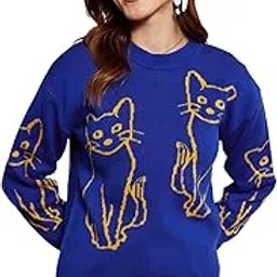 berrylush Women Cat Printed Round Neck Drop-Shoulder Sleeves Ribbed Hem Regular Sweater-picture-51