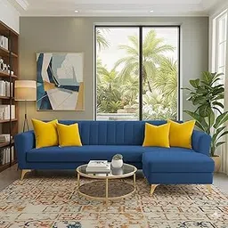 Murdock 4 Seater Convertible Sofa Set for Living Room, 3 Seater & Ottoman Modular Sectional Couch for Small Space (Blue Colour) Fabric image 1