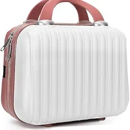 Cosmetic Bag Makeup Travel Case Hard Shell Cosmetic Bag Small Portable Makeup Bag Hand Luggage with Elastic Band Mini Abs Carrying Suitcase Pink-White Bag || Pack of 1 image 1