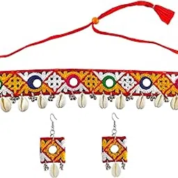 zewla craft Handmade Fabric Necklace, Jewellery Navratri Fabric Cowrie Earrings in Multi Design & Color, Sea Shell Charm Earring Set Boho Beach Jewellery Bohemian Earrings For Women And Girls-picture-38